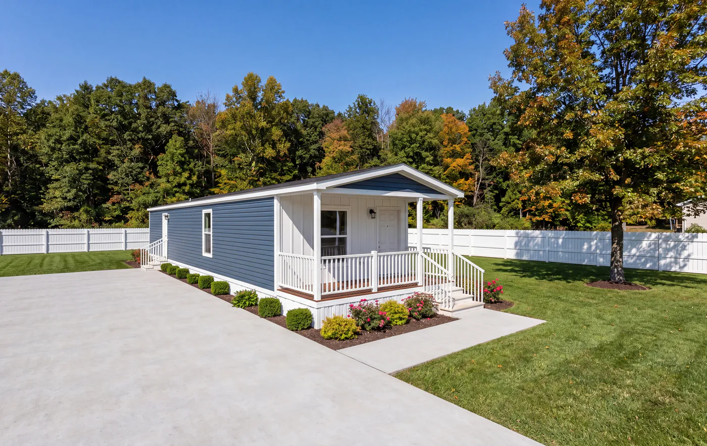 The Anchorage in Bayou Blue with a white board-and-batten porch wall, blue lap siding along the side, white railings and a poured driveway.