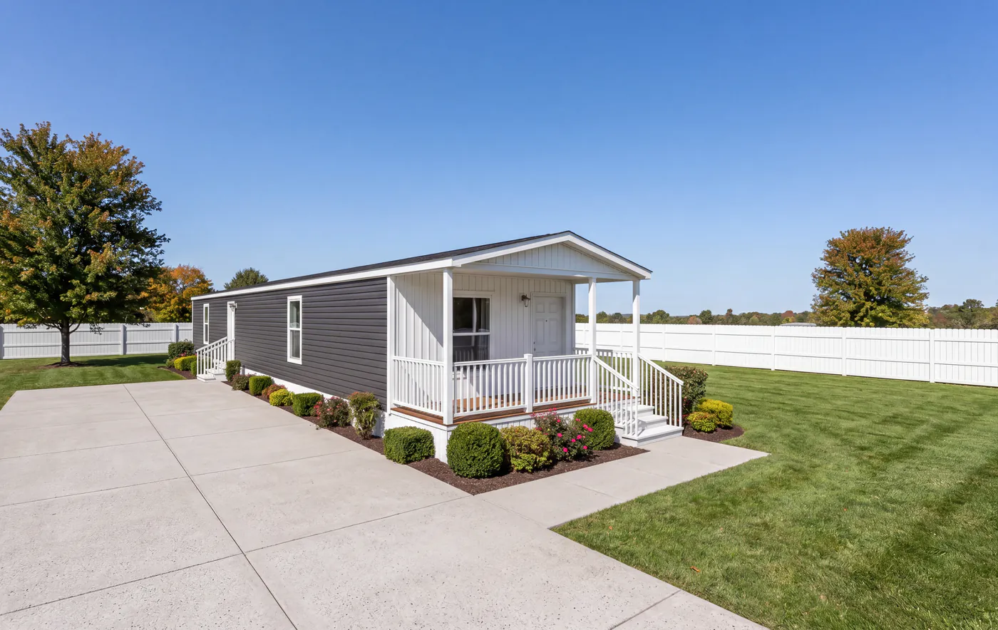 A new graphite home with a white board-and-batten porch wall, covered porch, white railings and a poured concrete driveway.