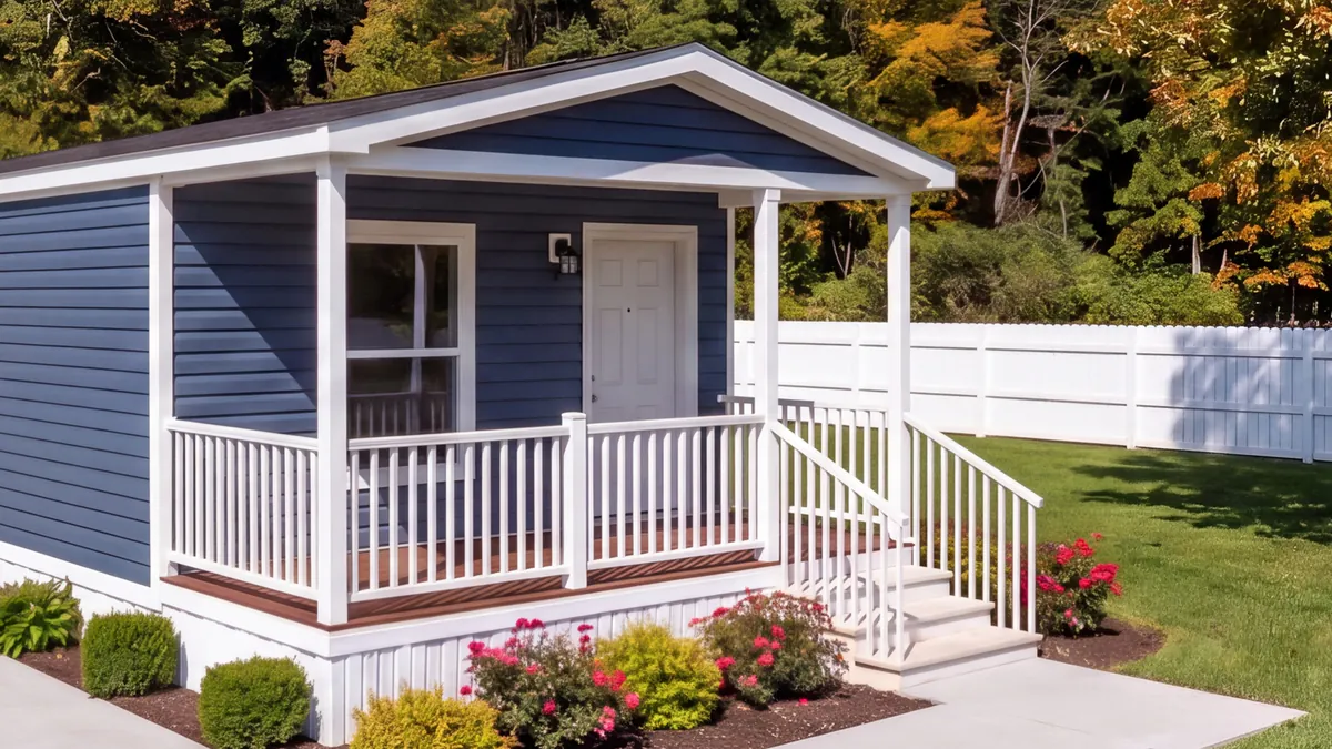 The Anchorage in Bayou Blue, with blue lap siding carried across the porch wall, white posts, white railings and a wood porch deck.