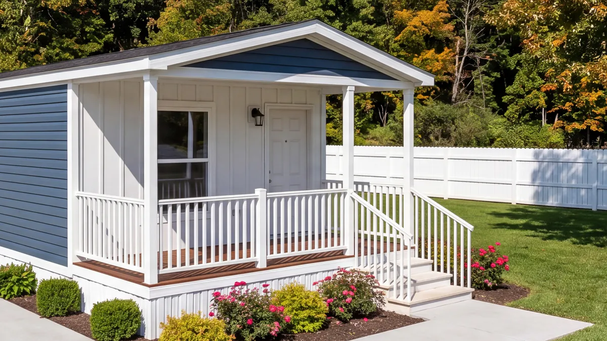The Anchorage in Bayou Blue, with the porch wall finished in white board and batten against the blue lap siding.