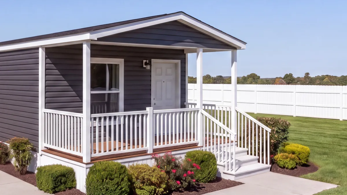 The Flagship in Ironside Gray, with dark grey lap siding carried across the porch wall, white posts and white railings.