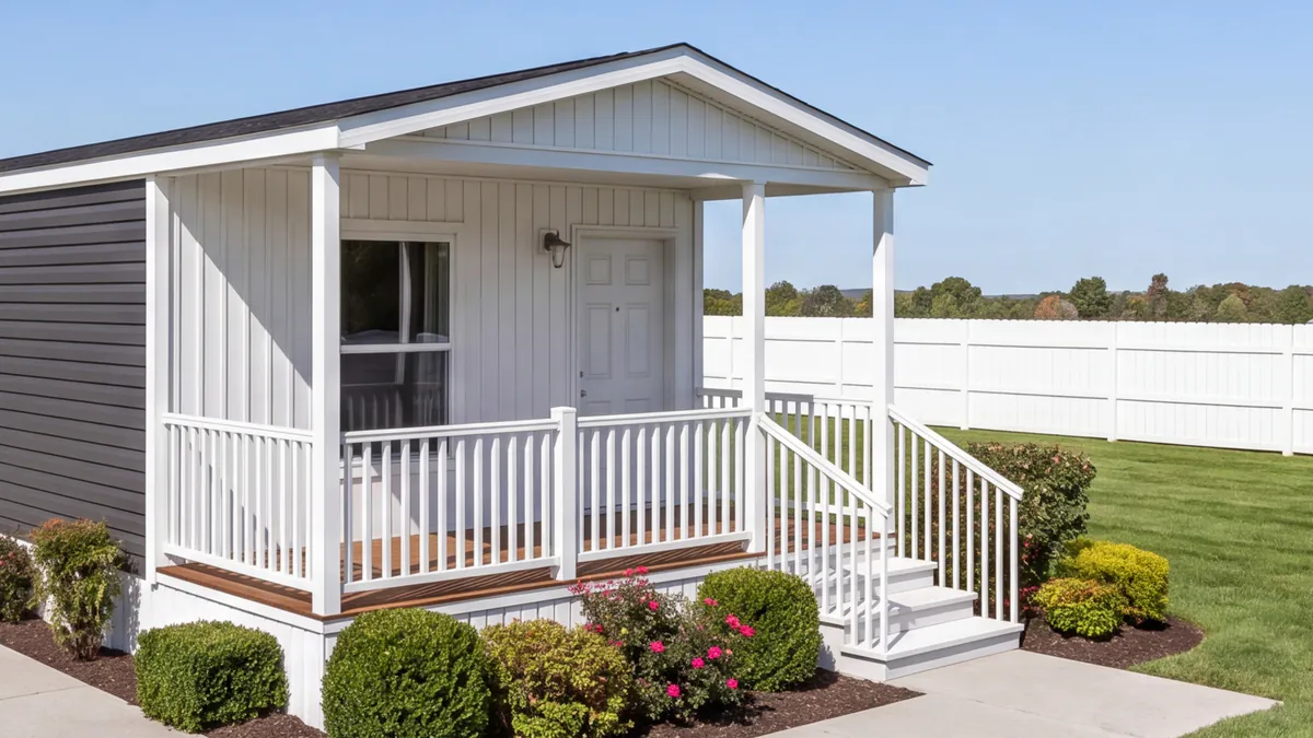 The Flagship in Ironside Gray, with the porch wall finished in white board and batten against the dark grey lap siding.